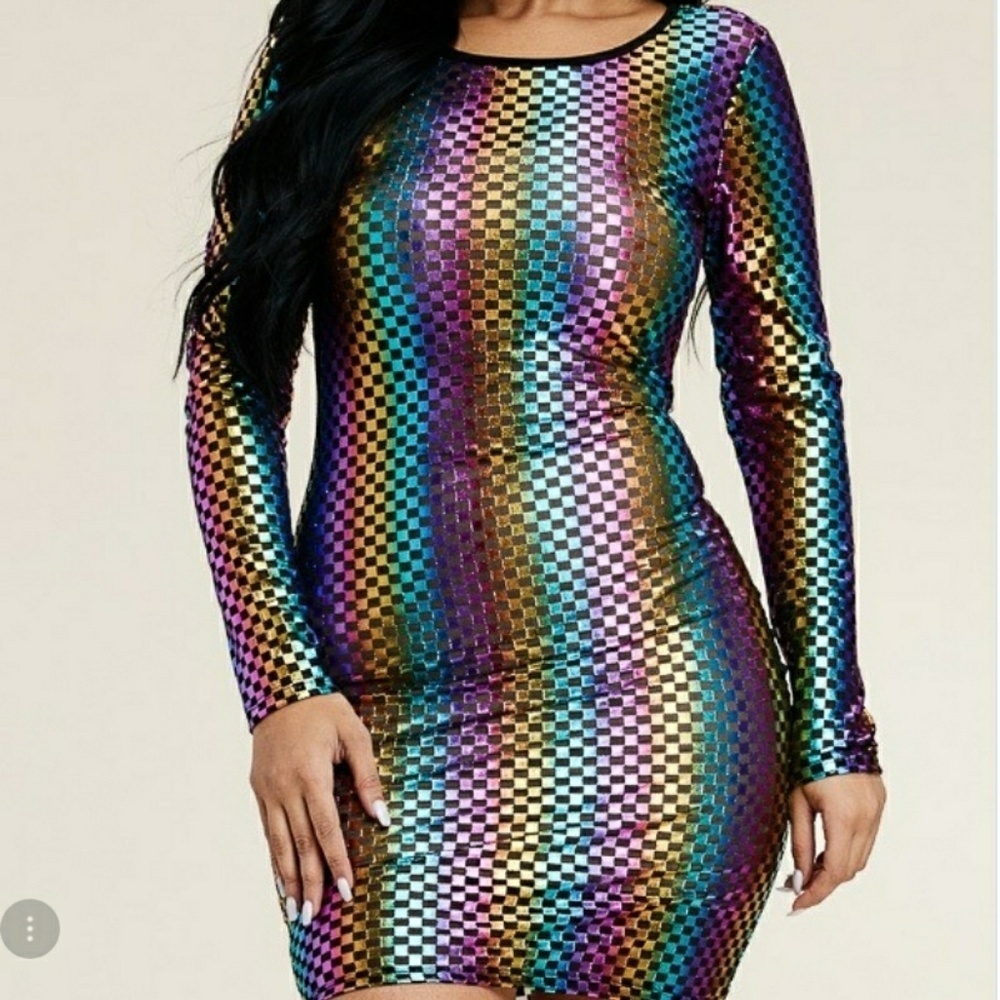 Long Sleeve Multi Foil Color Party Glam Midi Dress